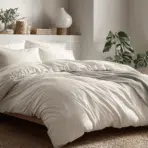 modern bed with duvet cover showing insert inside in bright bedroom with soft natural light and clean decor