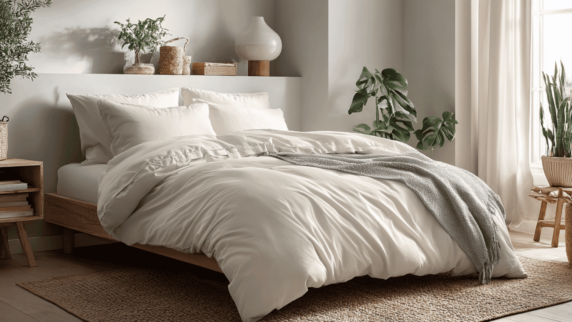 modern bed with duvet cover showing insert inside in bright bedroom with soft natural light and clean decor