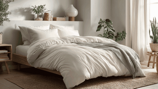 modern bed with duvet cover showing insert inside in bright bedroom with soft natural light and clean decor