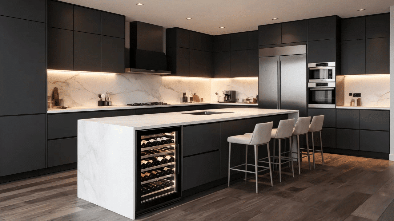 modern black kitchen with marble island wine fridge and four bar stools