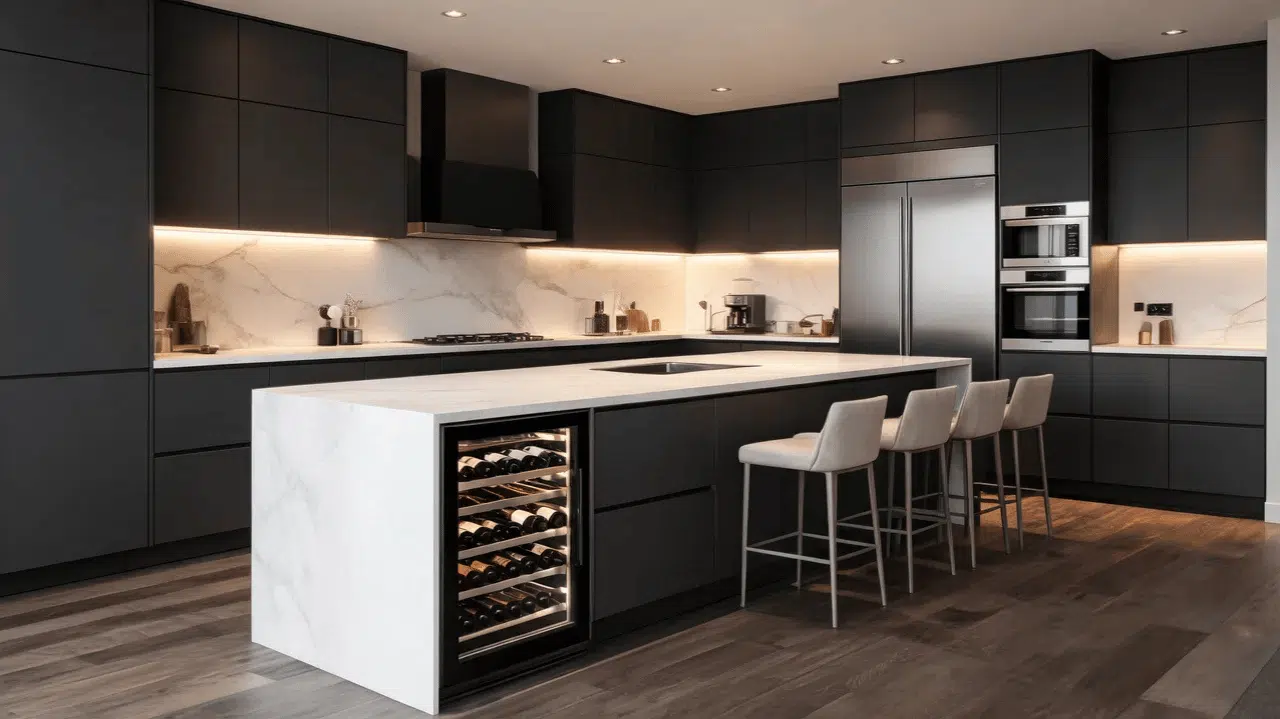 modern black kitchen with marble island wine fridge and four bar stools