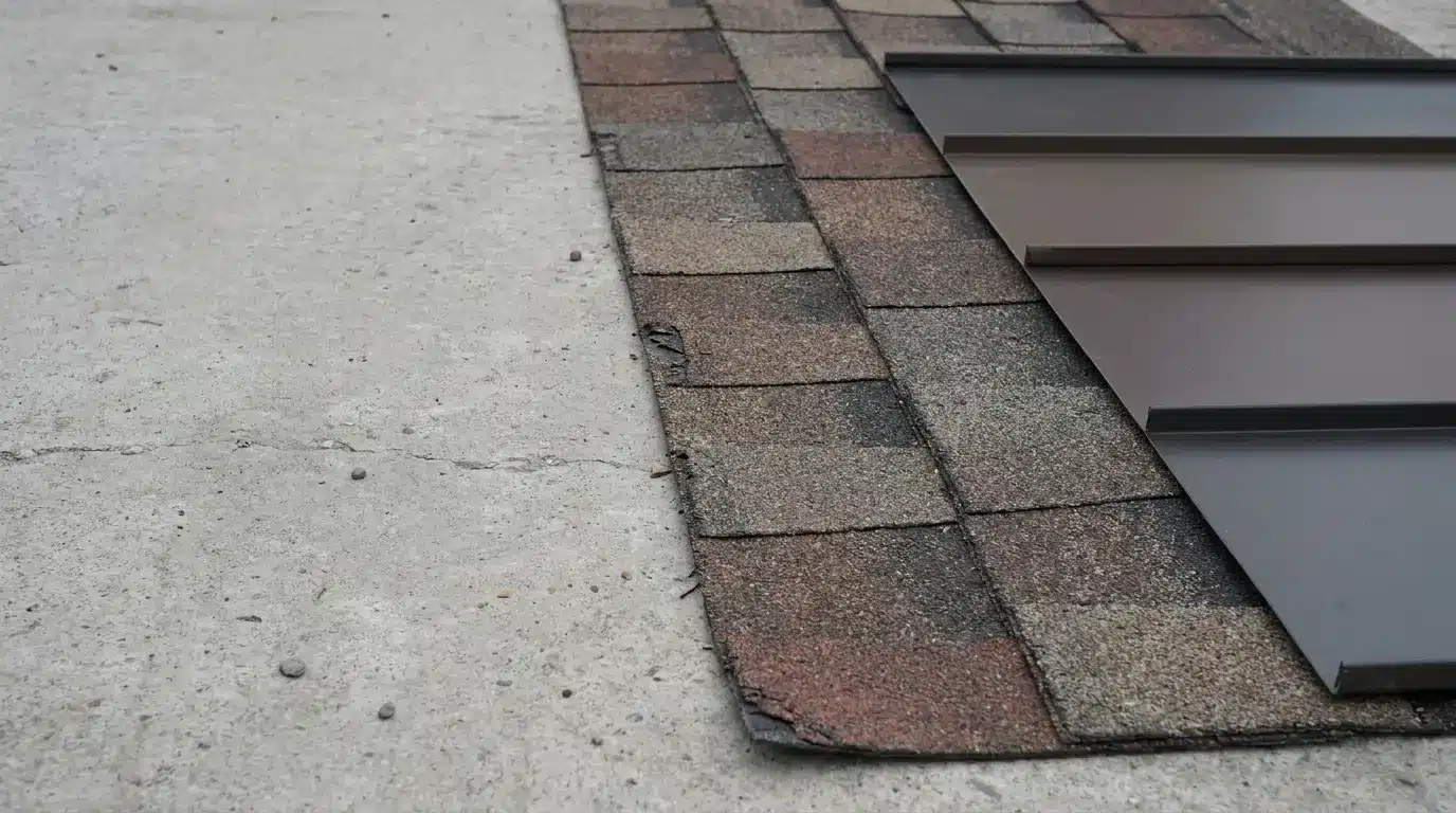 Shingles and metal roof panels displayed on concrete surface in close-up view