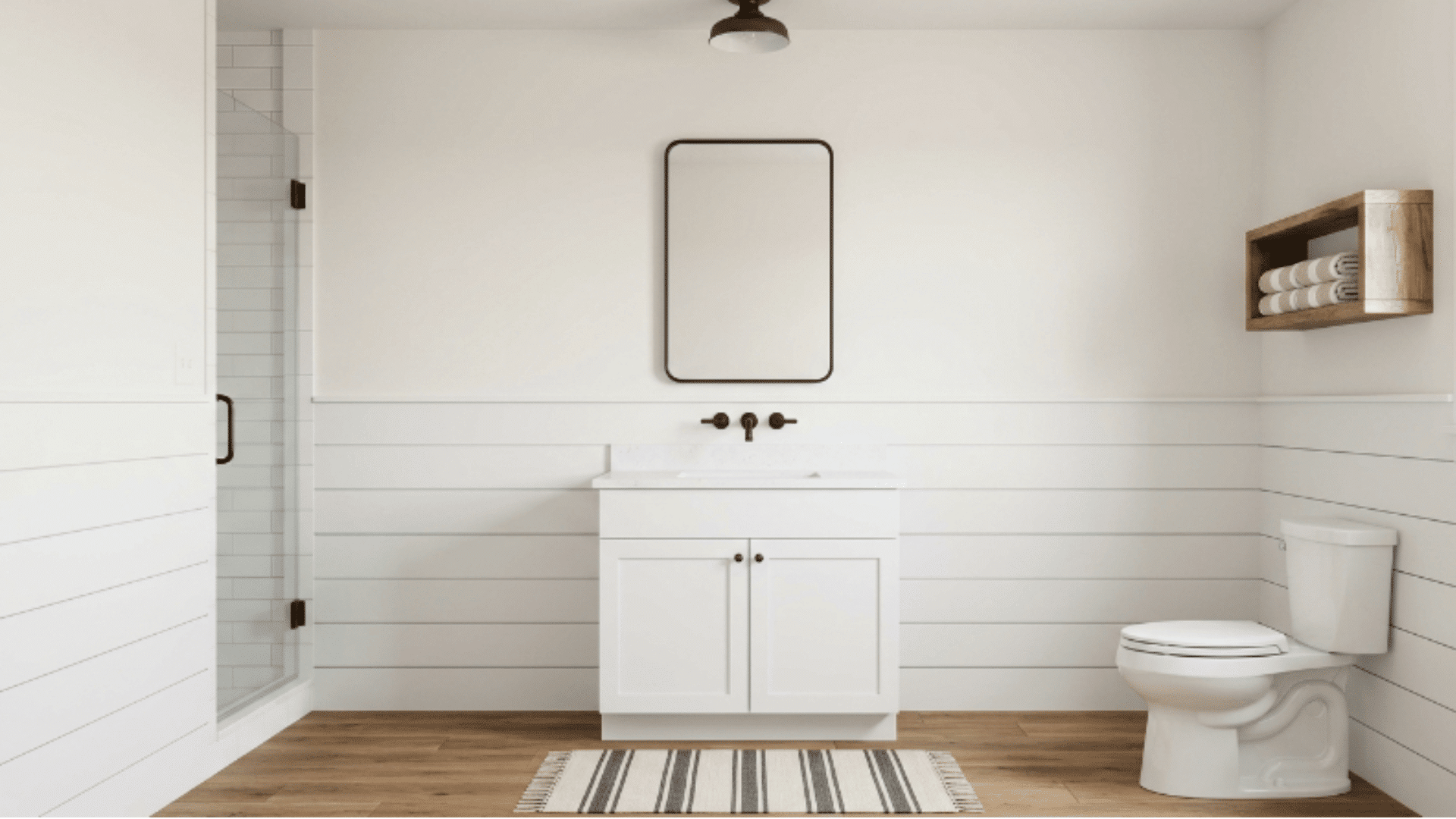 modern farmhouse guest bathroom with shiplap walls wood vanity dark fixtures front view