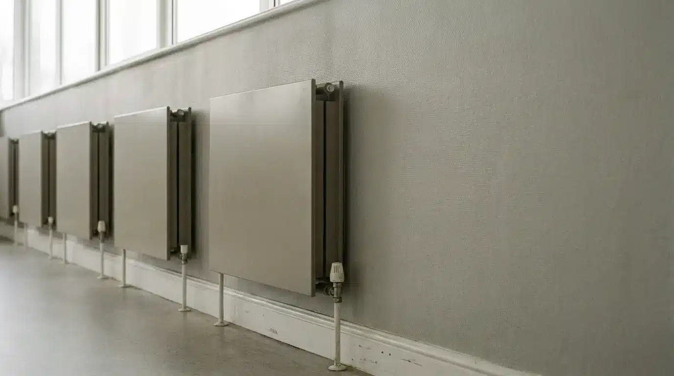 Series of beige radiators along a gray wall in a well-lit corridor