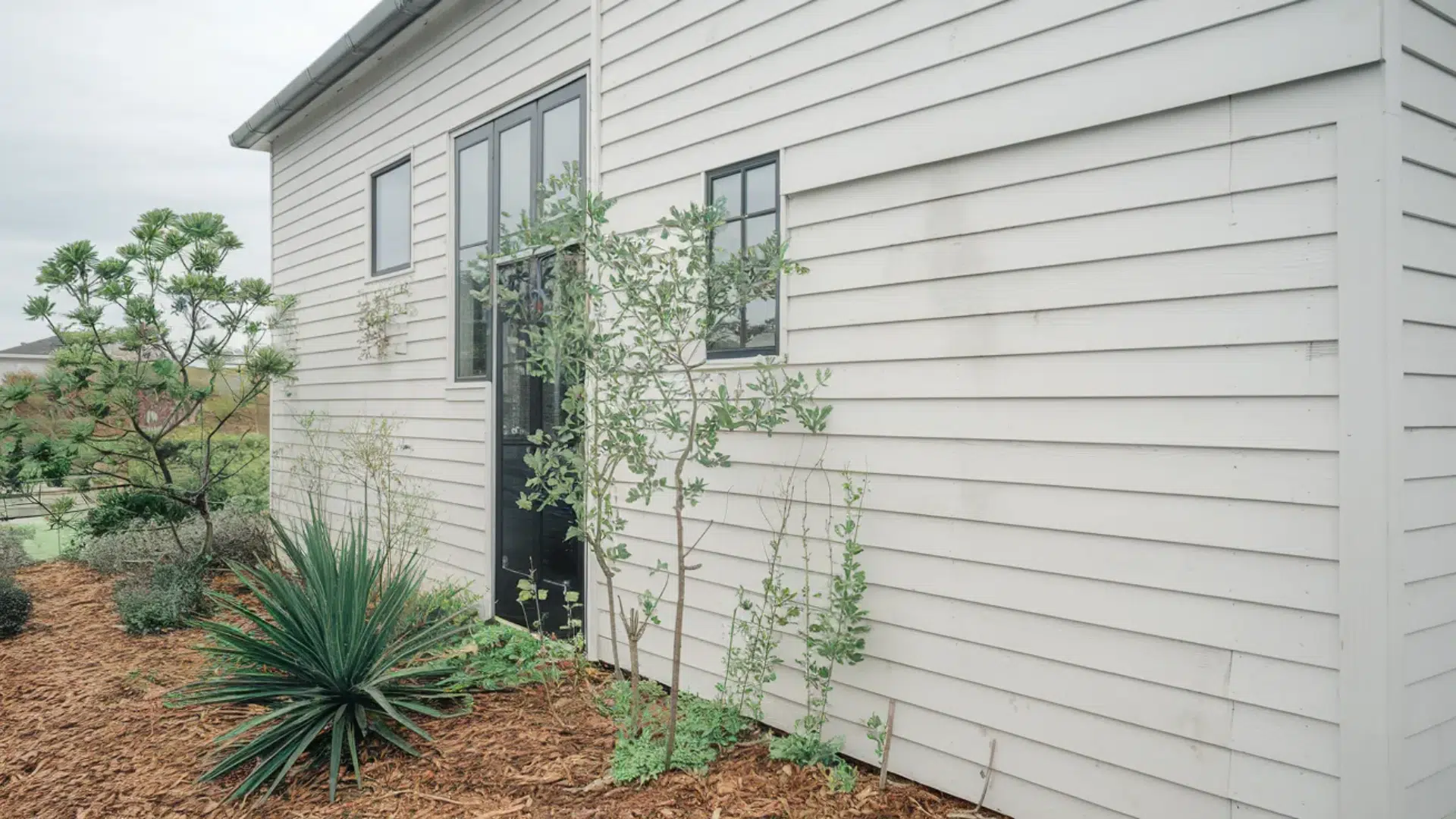 modern house exterior with light horizontal siding black door narrow windows and landscaped plants along mulched garden bed