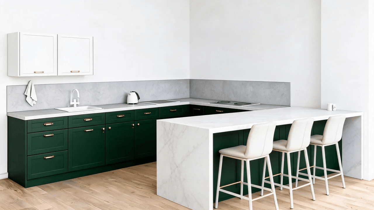 modern kitchen with dark green lower cabinets white upper cabinets and marble island