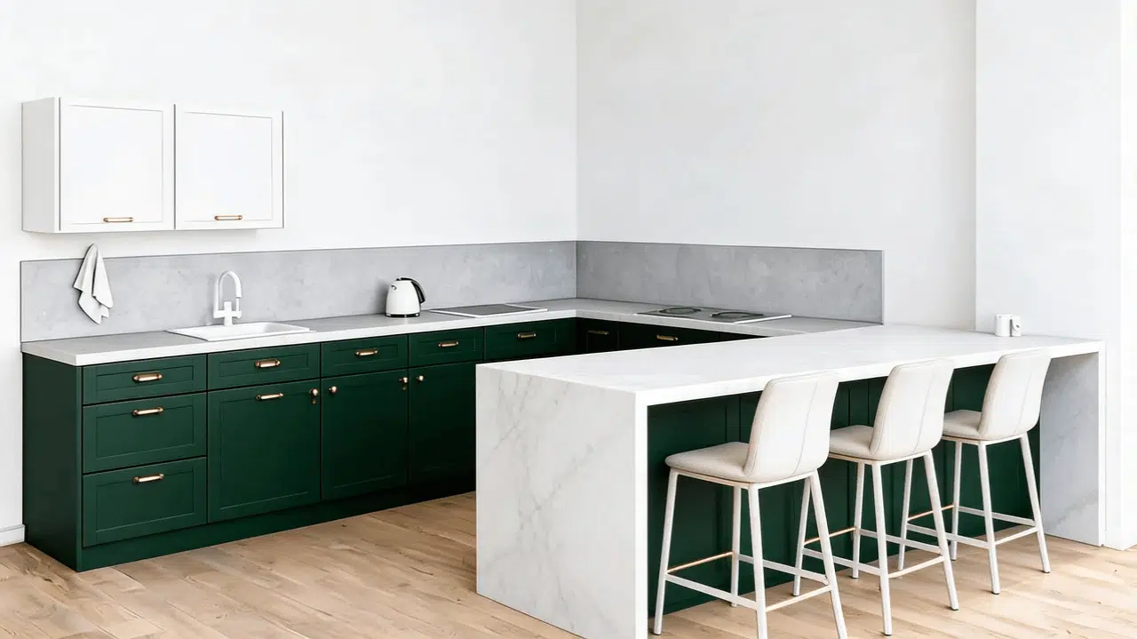 modern kitchen with dark green lower cabinets white upper cabinets and marble island