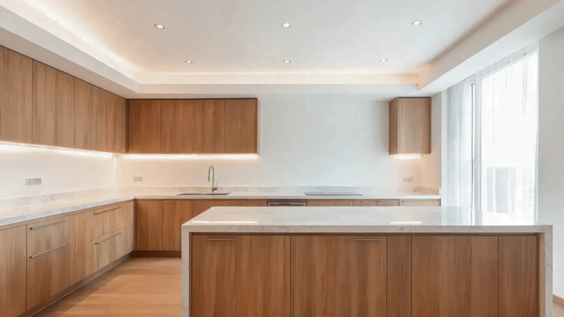 modern kitchen with wooden cabinets marble countertops and kitchen island