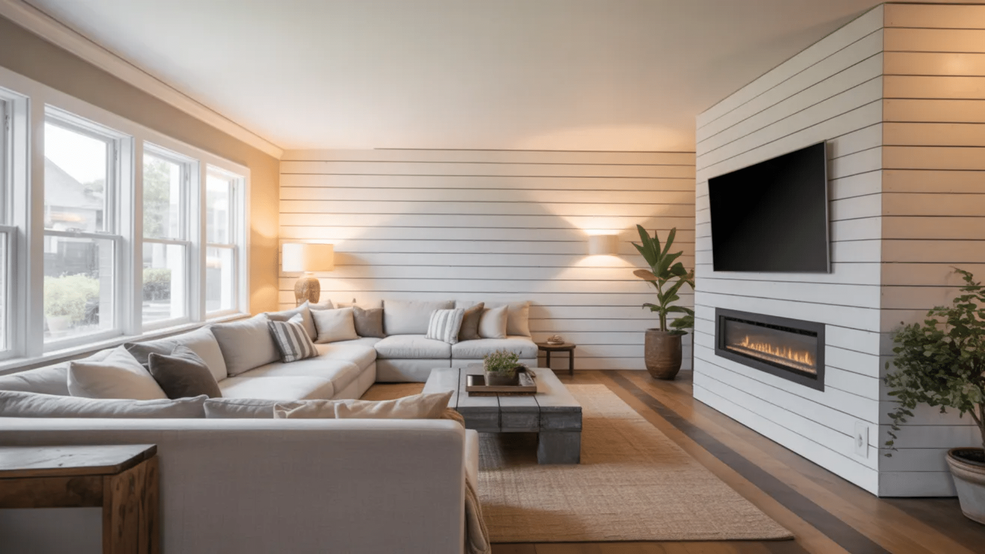 modern living room with white shiplap walls sectional sofa windows coffee table wall mounted tv and fireplace with indoor plants