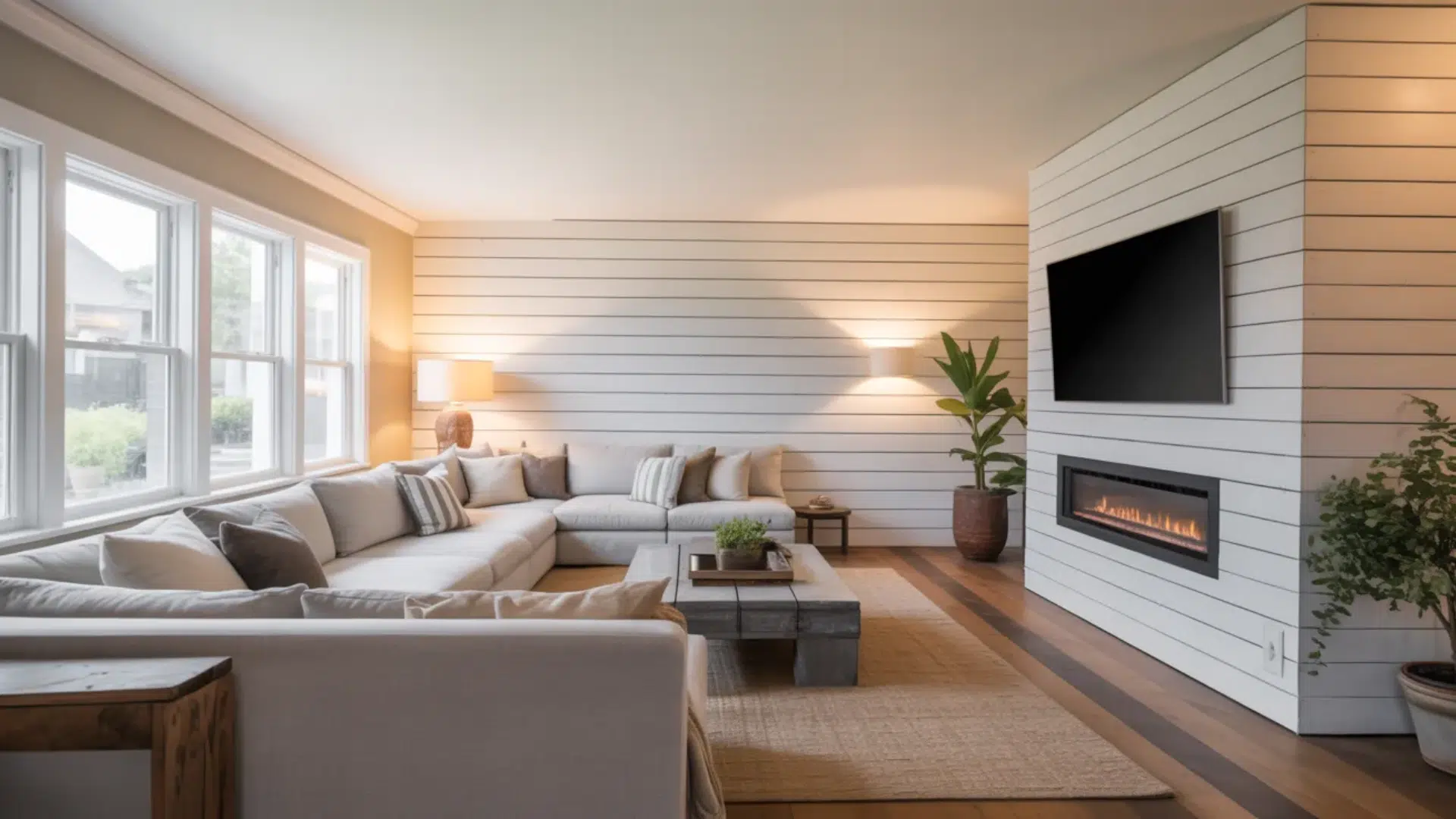 modern living room with white shiplap walls sectional sofa windows coffee table wall mounted tv and fireplace with indoor plants