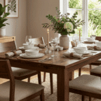 modern wooden dining table with six chairs, table setting, floral centerpiece, and bright natural light from window
