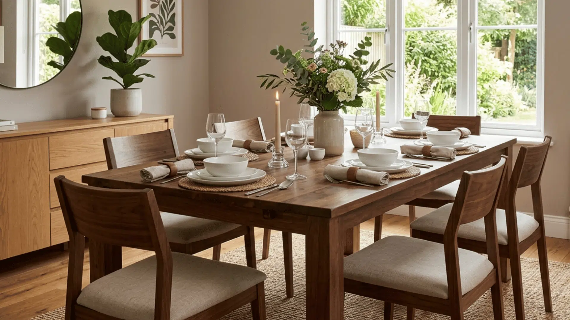 modern wooden dining table with six chairs, table setting, floral centerpiece, and bright natural light from window