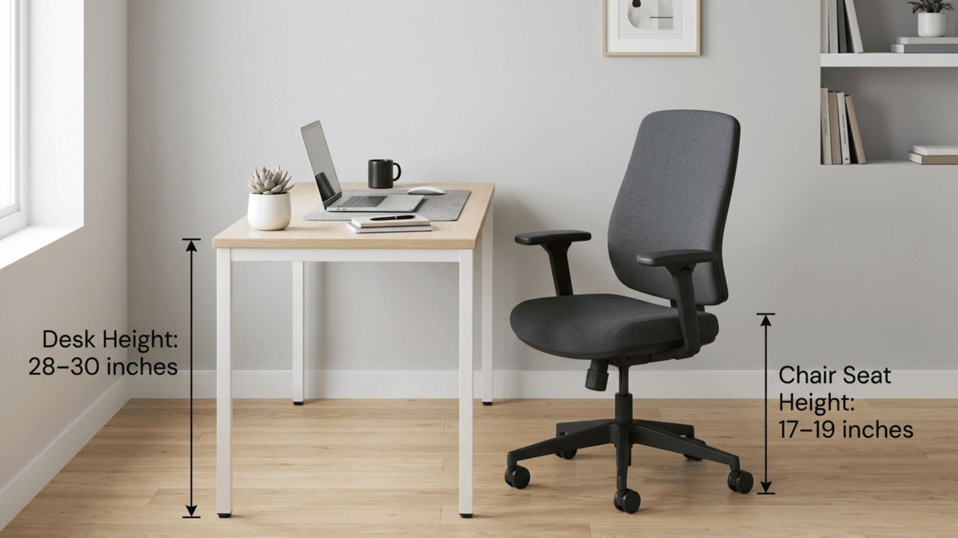 modern work desk setup with 28 to 30 inch desk height and chair measurement shown for proper sitting posture