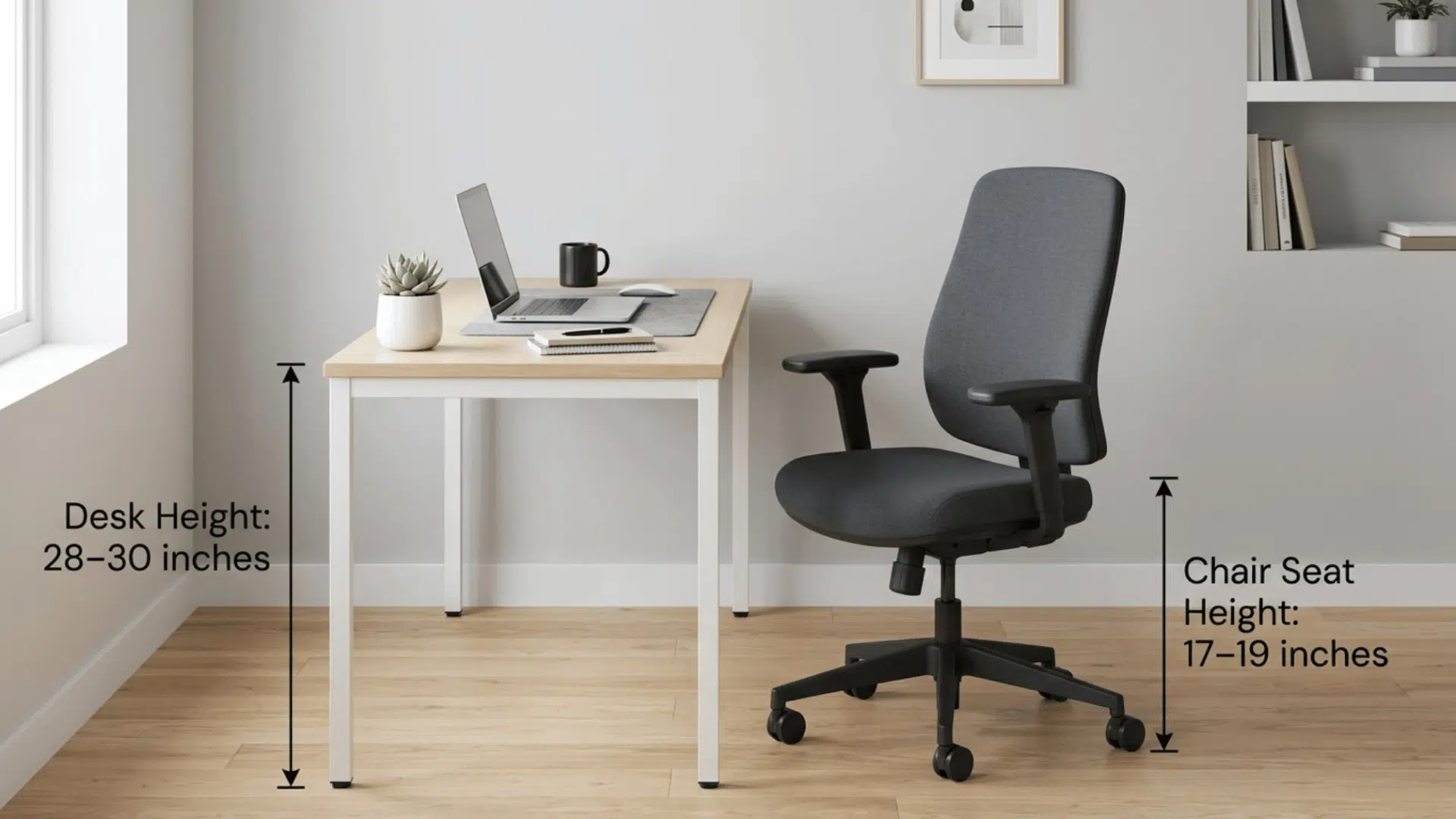modern work desk setup with 28 to 30 inch desk height and chair measurement shown for proper sitting posture