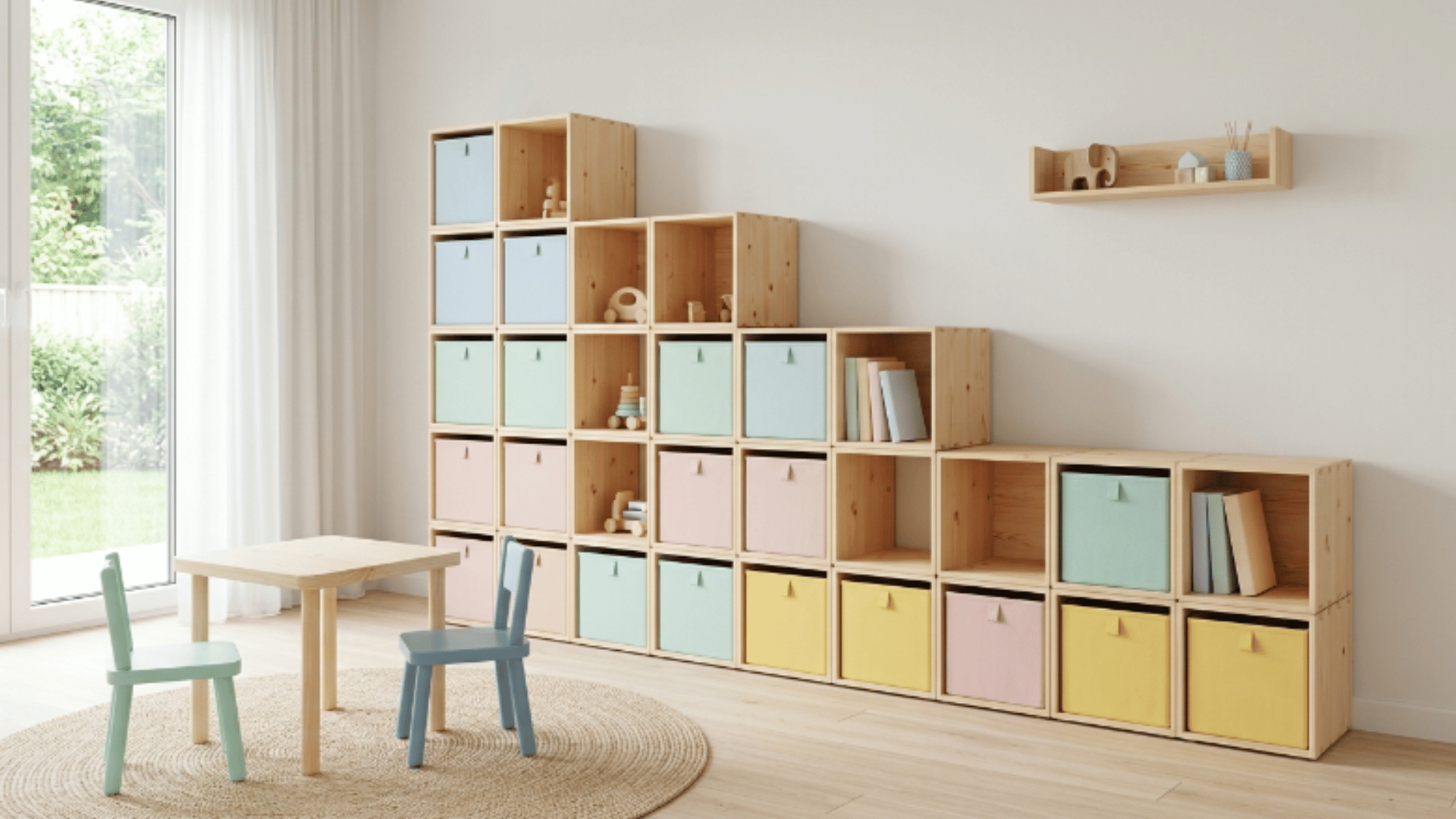 modular shelves arranged neatly few items placed clean layout neutral tones soft daylight