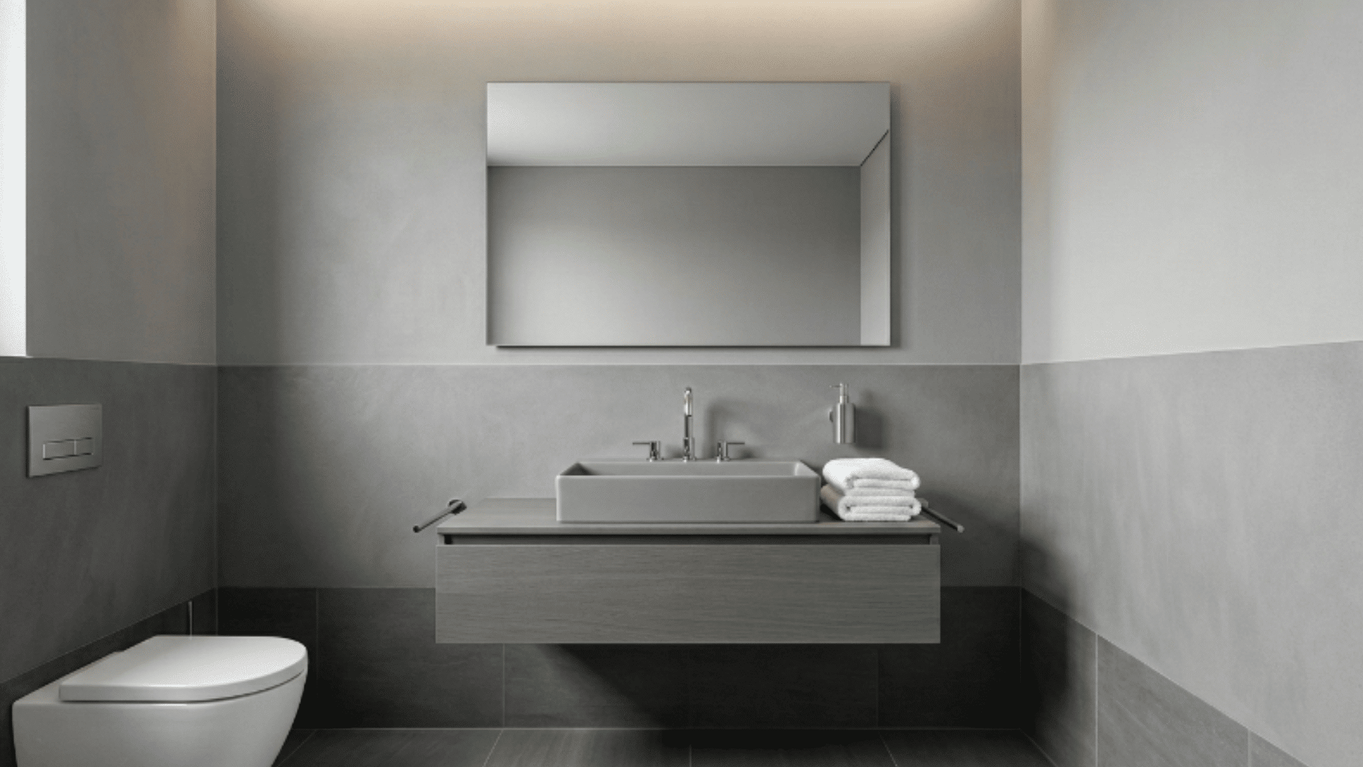 monochrome gray layered guest bathroom with chrome fixtures minimal decor clean front view (1)