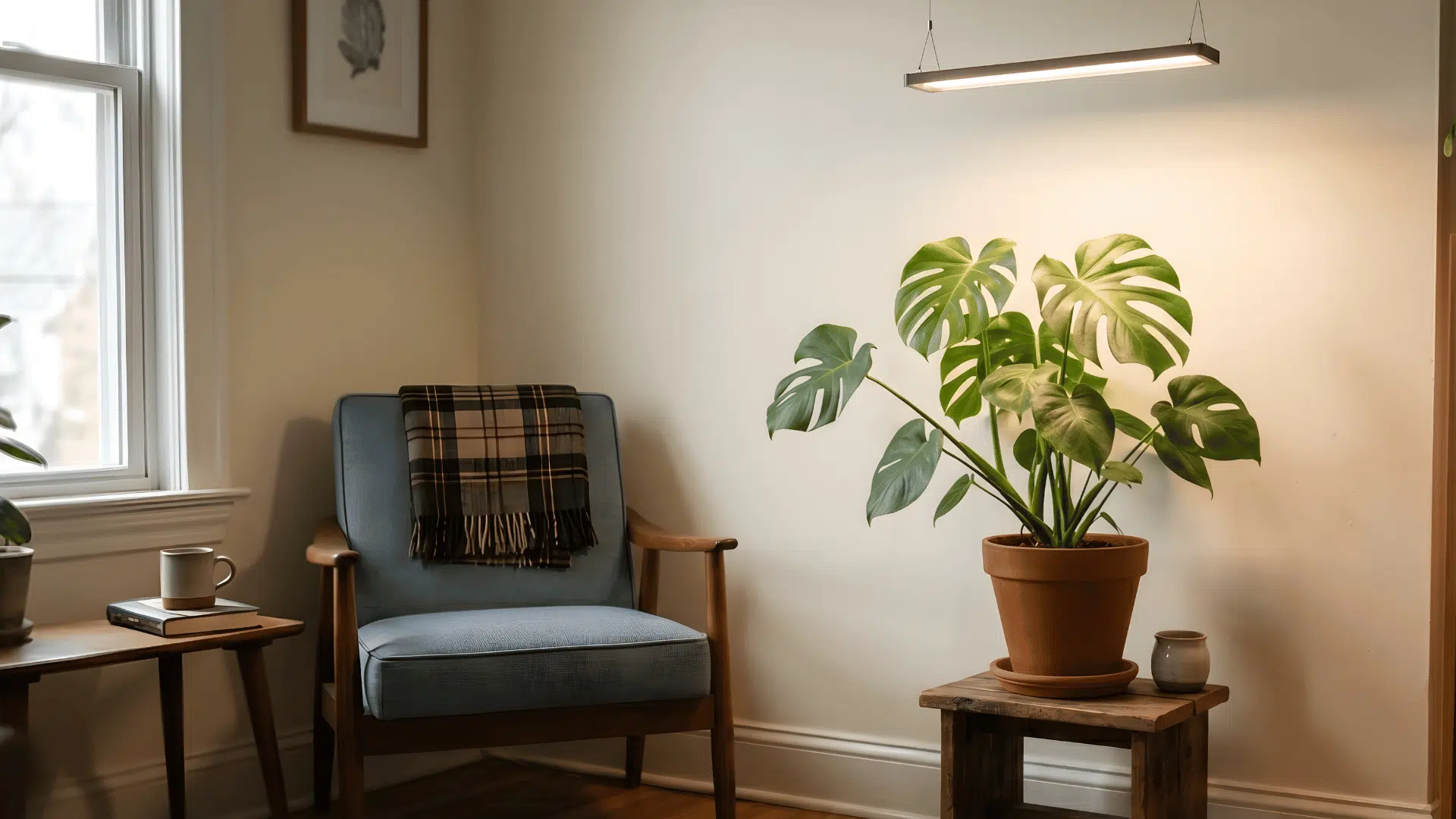 monstera plant under led grow light indoors showing artificial lighting setup for healthy growth