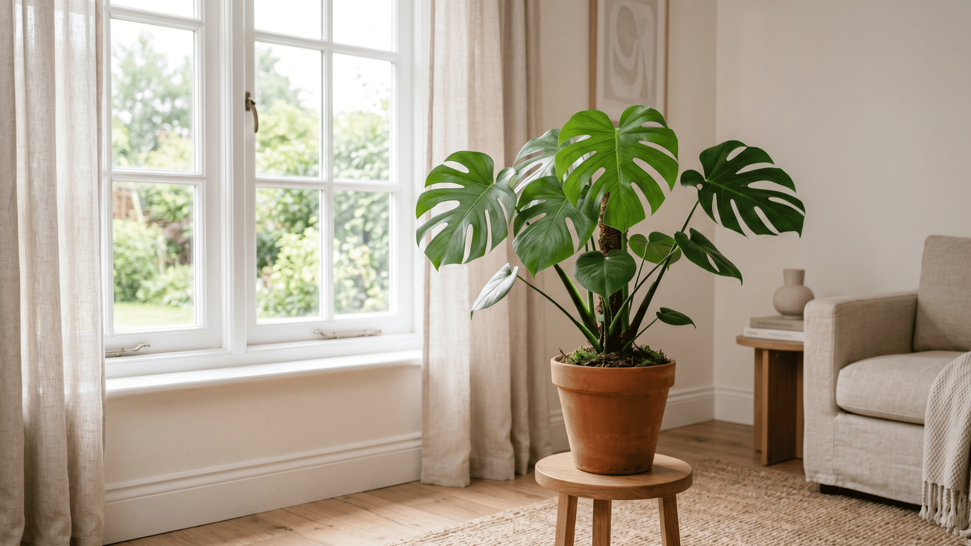 monstera plants placed near window showing different light exposure and indoor placement setup