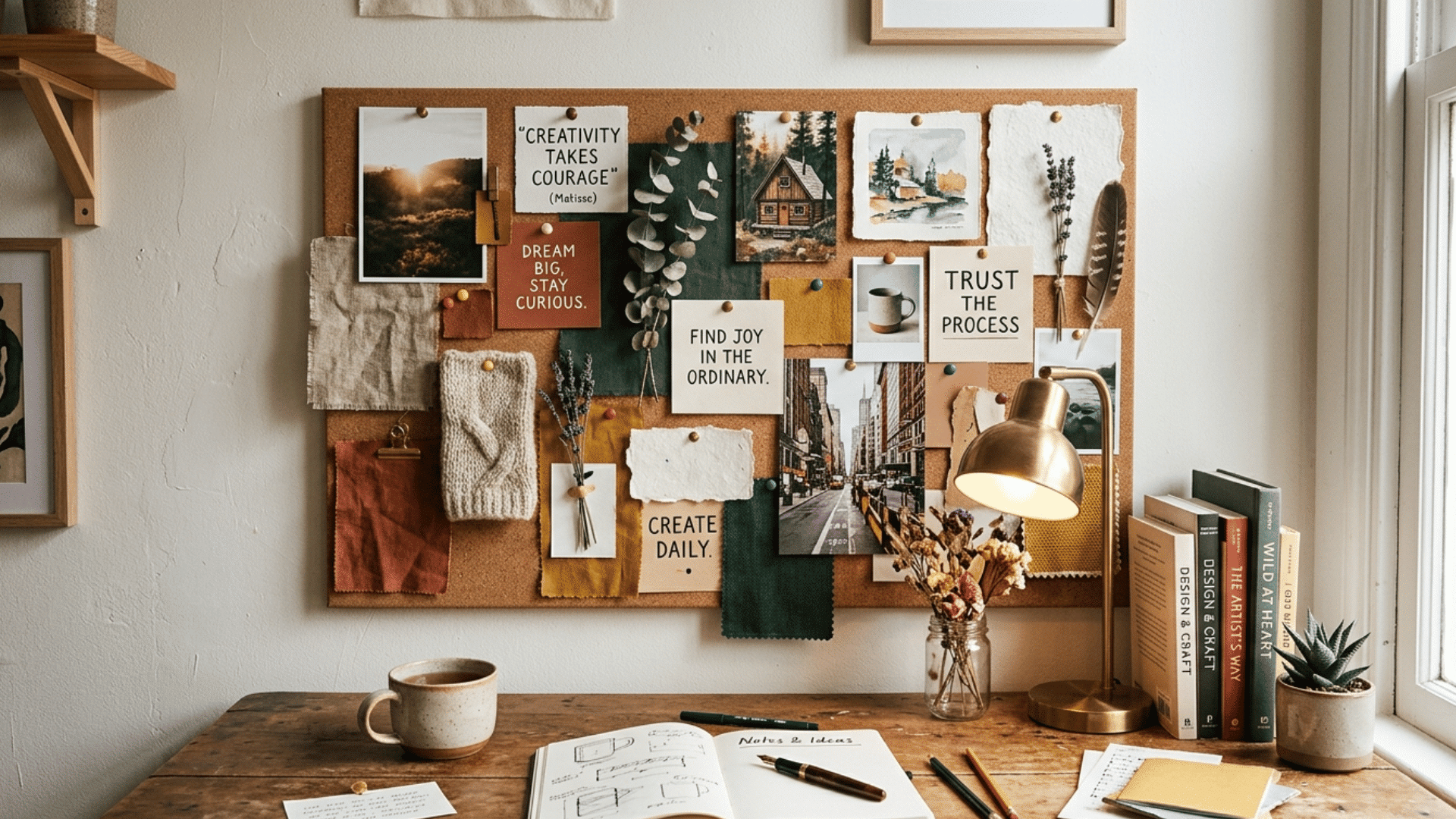 mood board collage with photos and textures arranged on board in creative workspace