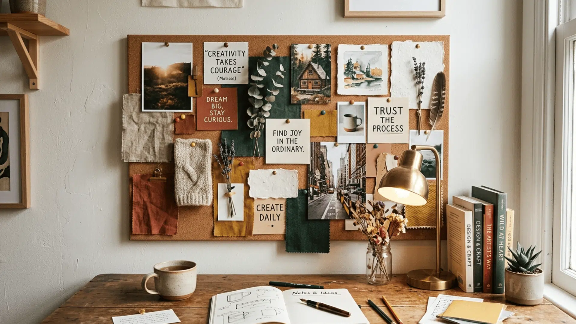 mood board collage with photos and textures arranged on board in creative workspace