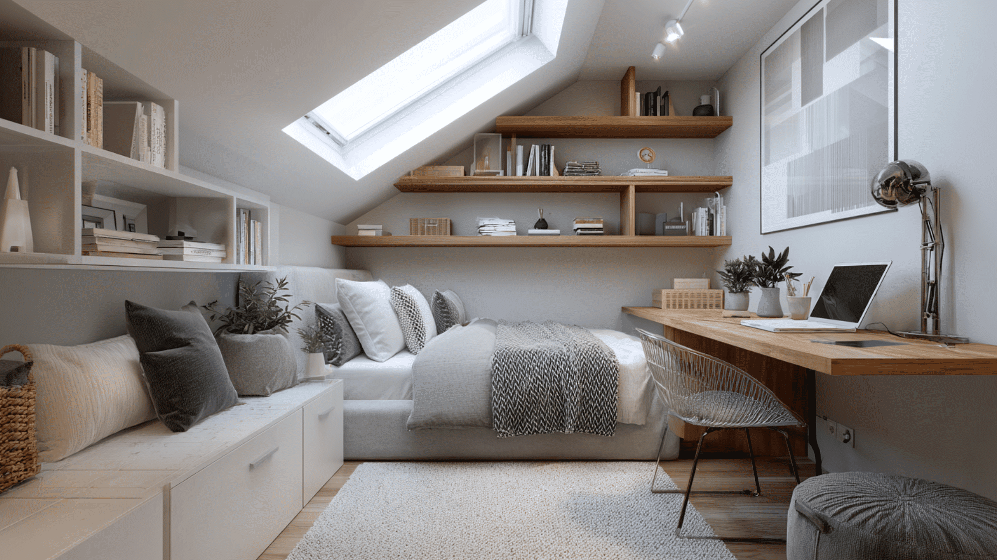 multi functional attic bedroom with bed and workspace