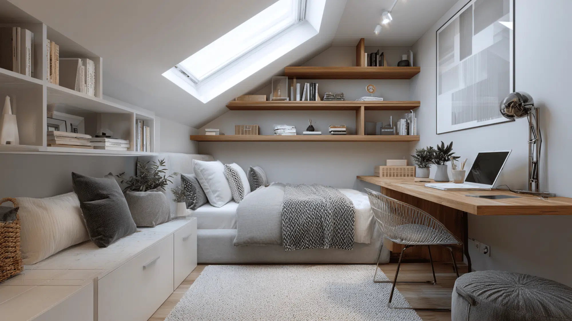 multi functional attic bedroom with bed and workspace