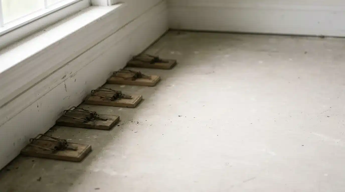 Mouse traps lined up on concrete floor near white baseboard in a quiet indoor environment