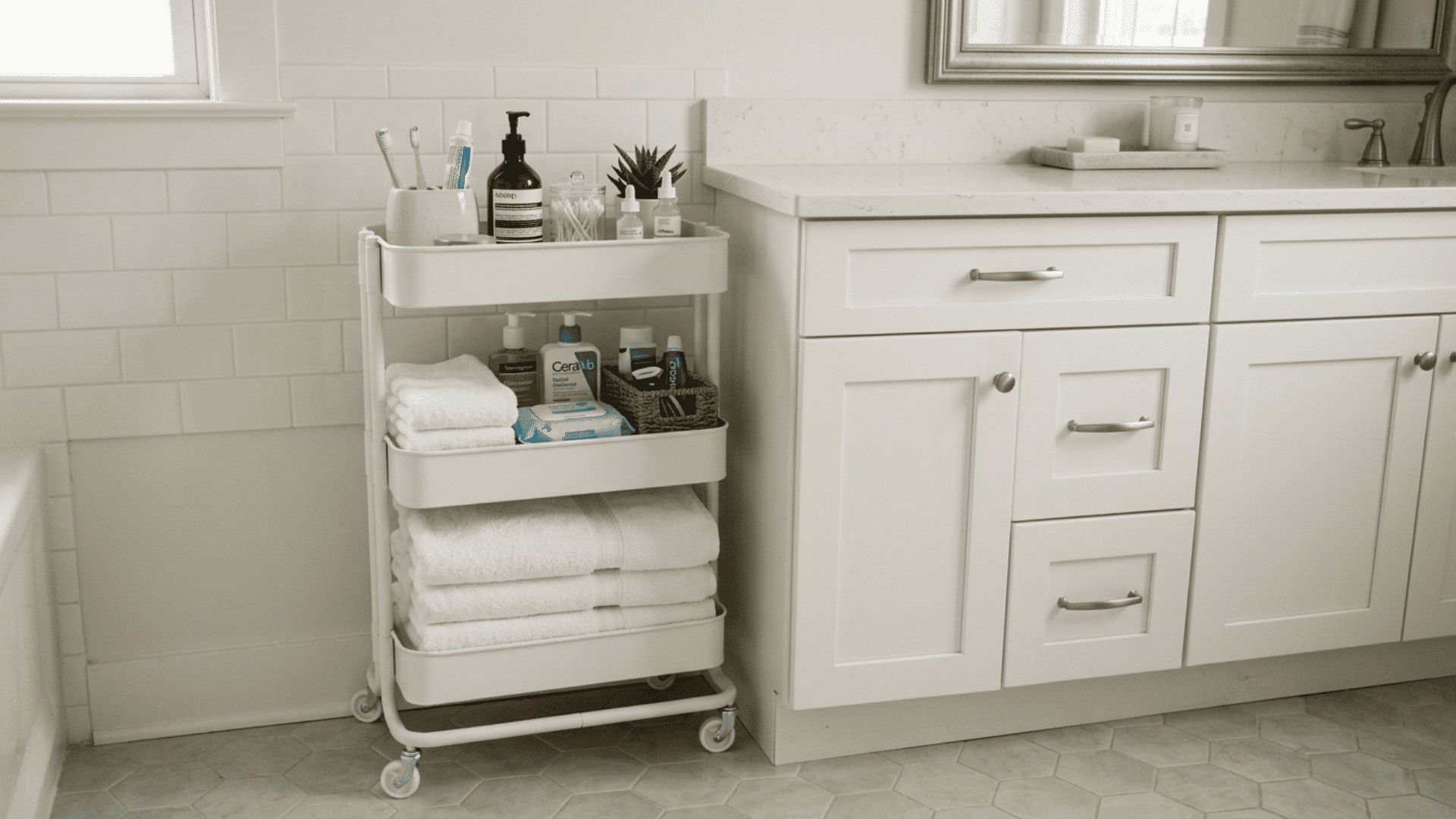 narrow white rolling cart with three tiers placed beside a bathroom cabinet holding towels backup products and small essentials