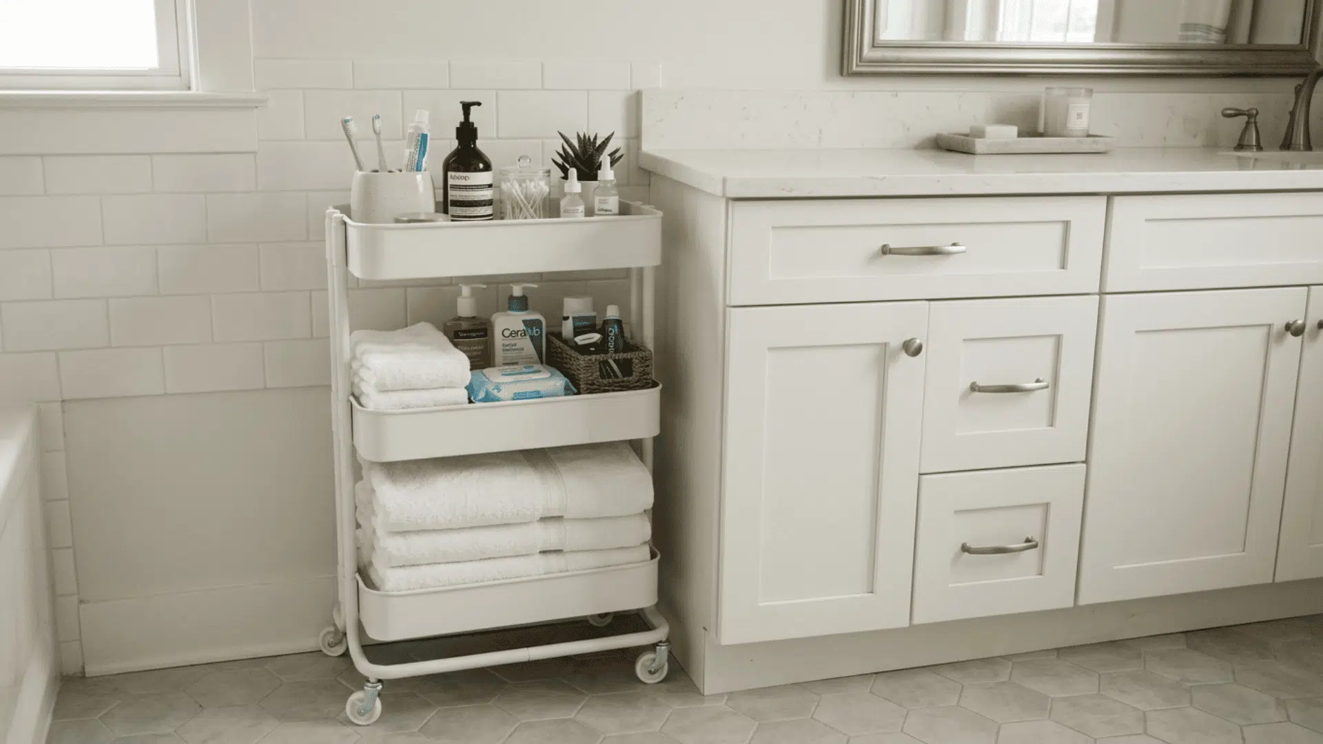 narrow white rolling cart with three tiers placed beside a bathroom cabinet holding towels backup products and small essentials