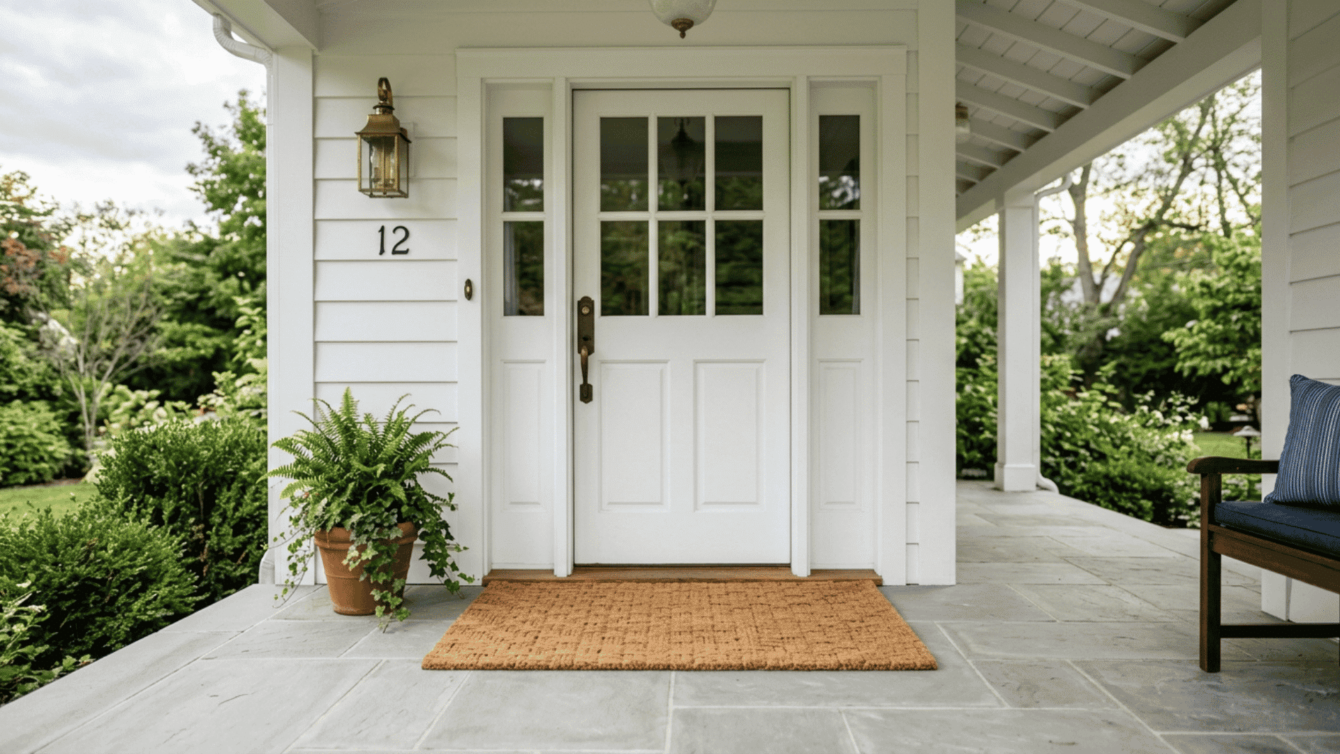 natural fiber doormat with woven pattern placed flat in front of a white front door on a clean porch