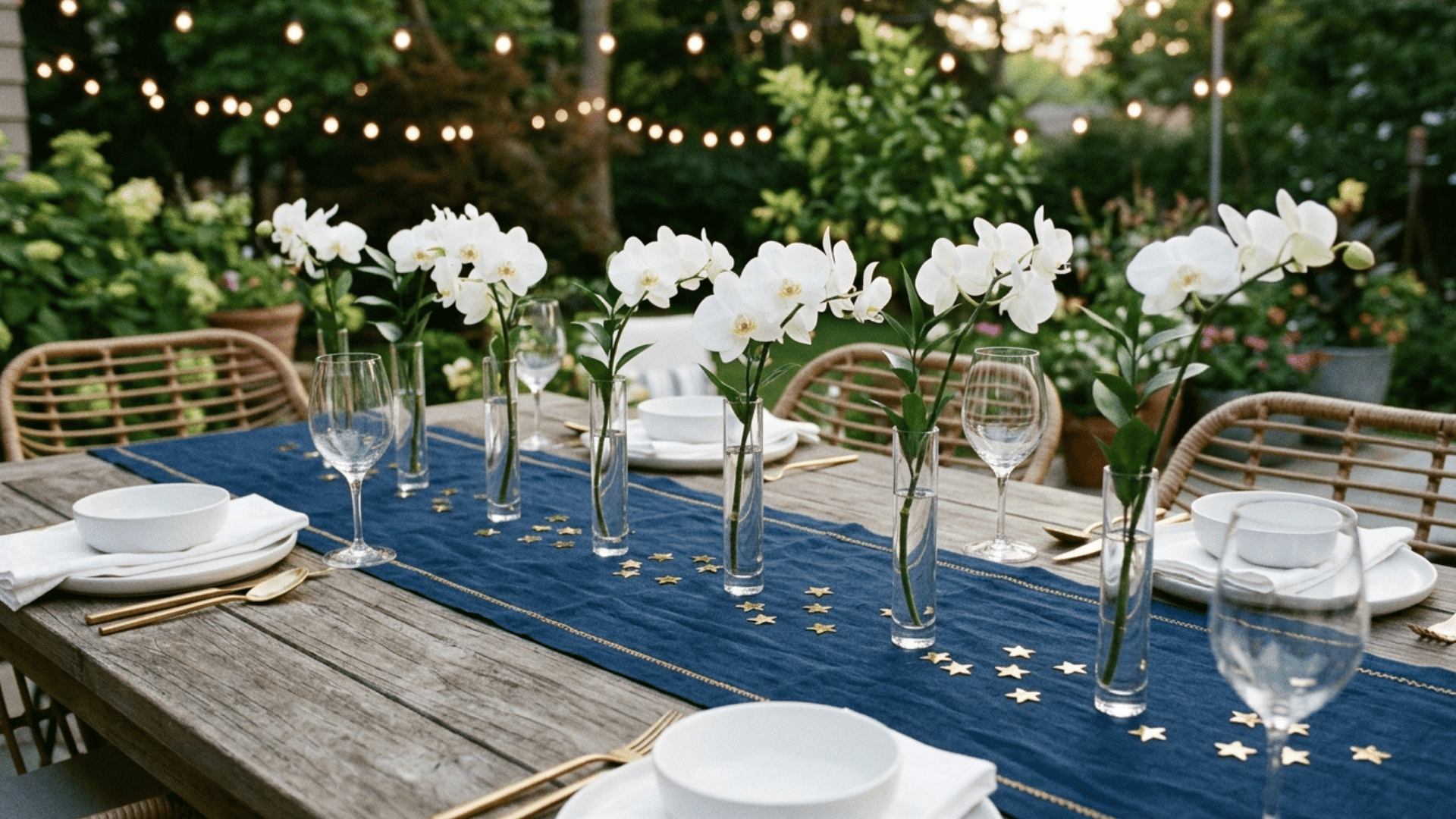 navy runner table with white orchids in glass vases and gold star confetti.