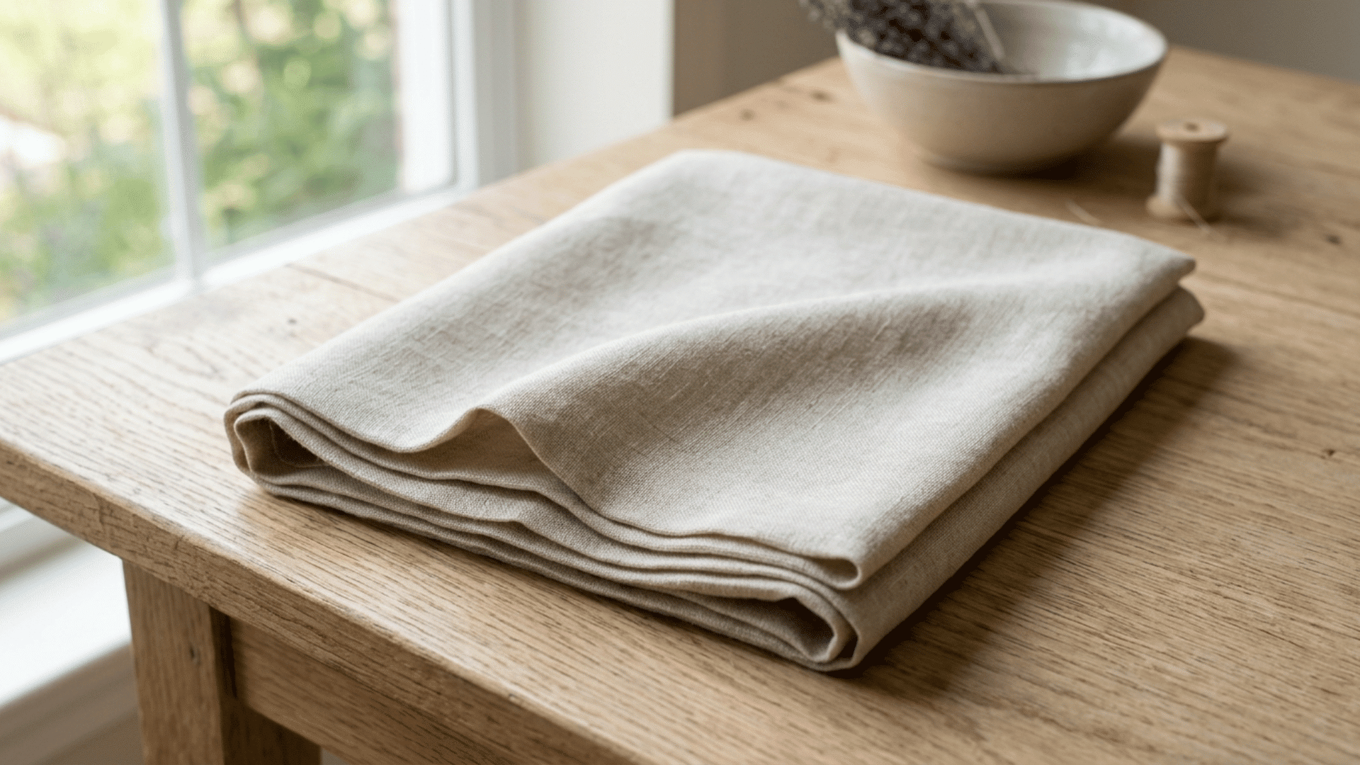 neatly folded linen fabric placed on a wooden table near a window with soft daylight and a minimal home setting.