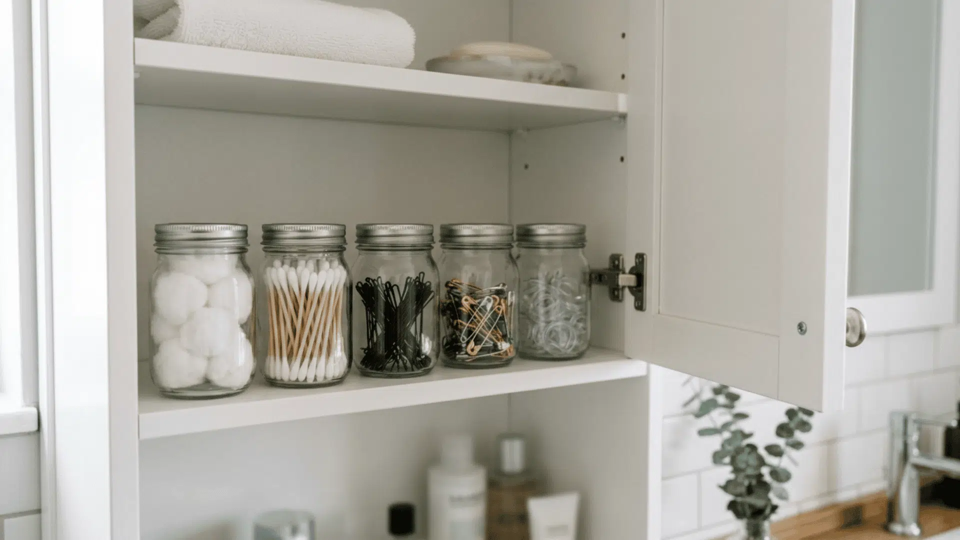 neatly stacked white towels and a wooden brush on a minimalist open shelf within a modern bathroom setting.