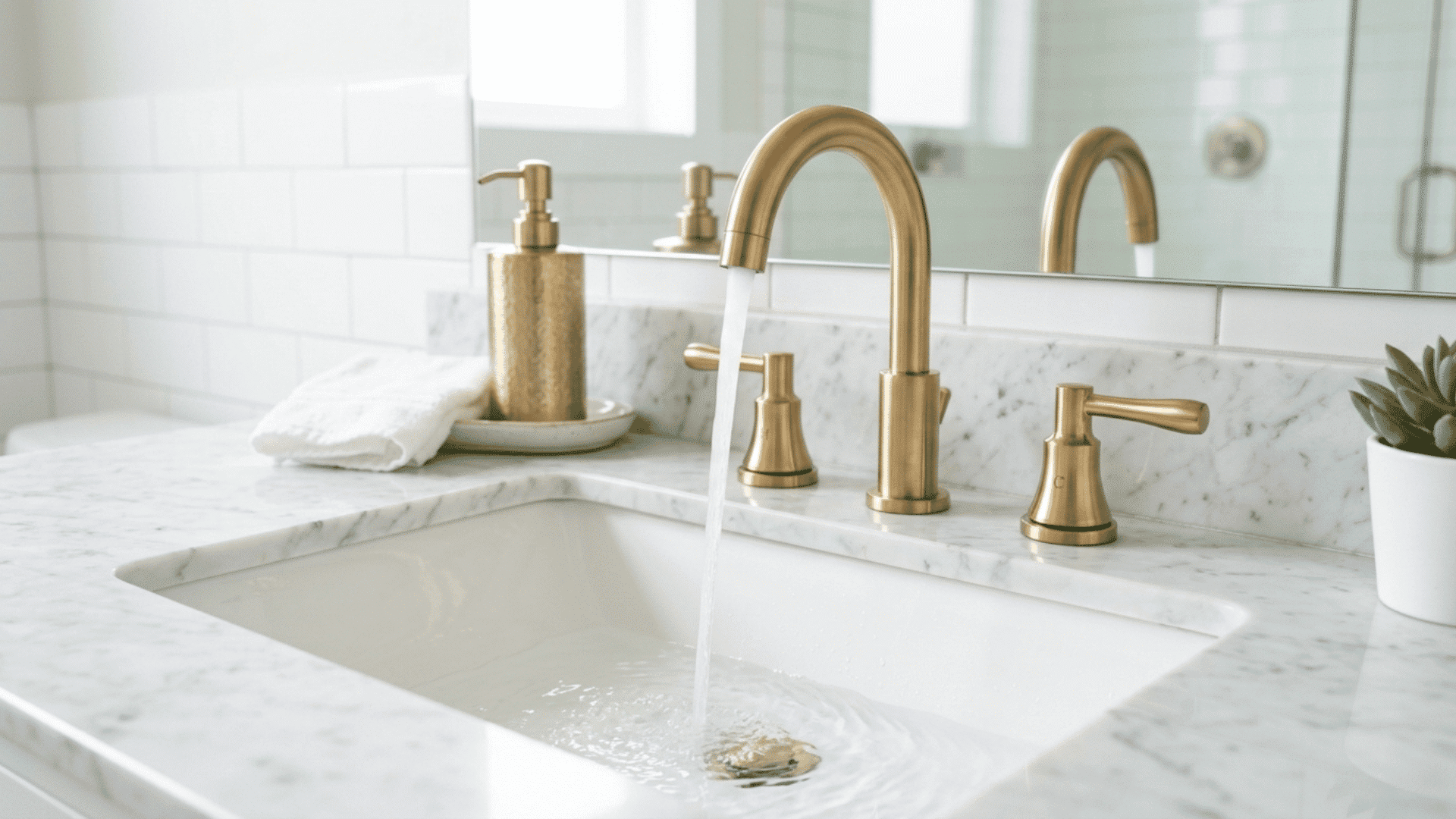 new brushed gold bathroom faucet installed on a white sink with marble countertop and bright lighting