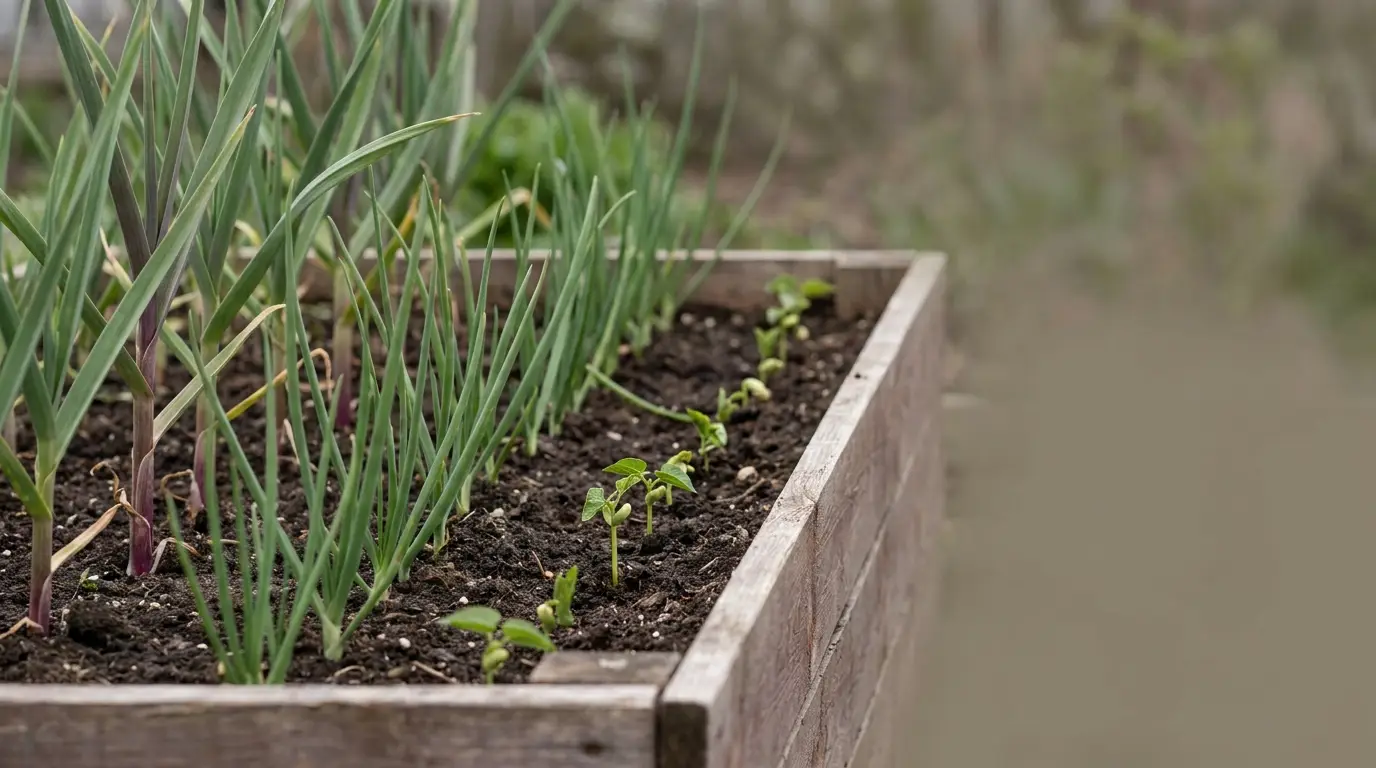 Green onion plants growing in wooden raised garden bed outdoors