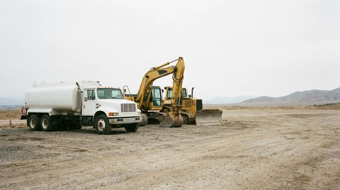 Water truck and excavators parked on a dirt construction site under overcast sky