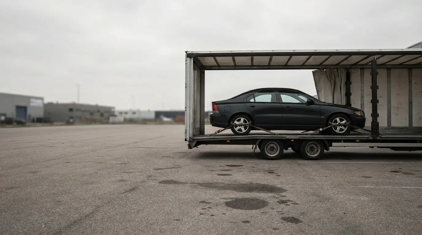 Black car secured on a flatbed trailer in industrial outdoor setting