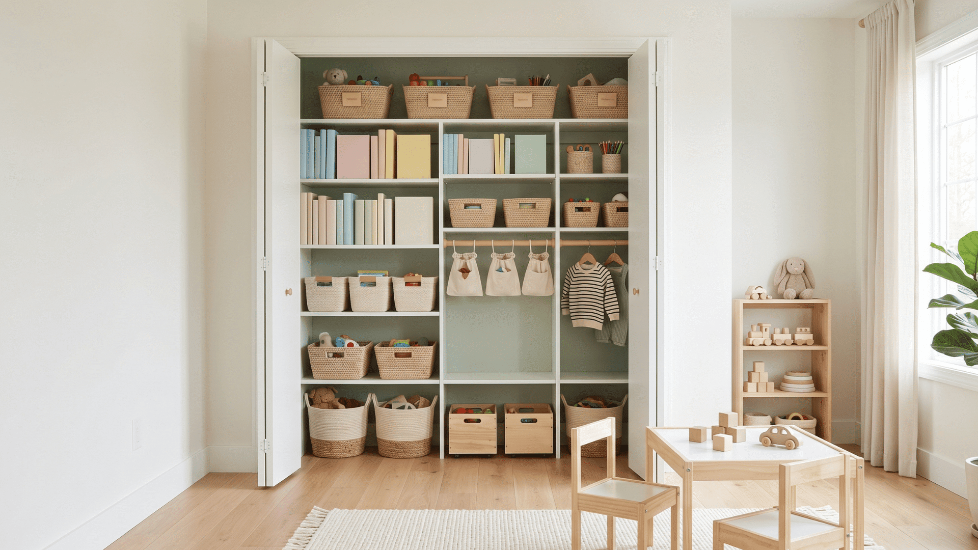 open closet with shelves and bins organized layout neutral tones clean and balanced playroom space
