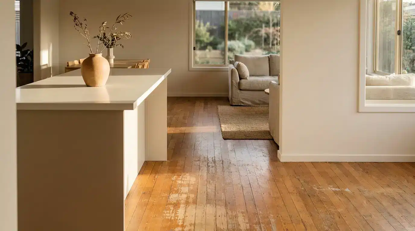 Contemporary open-plan living space with wooden flooring and minimalist decor in warm natural light