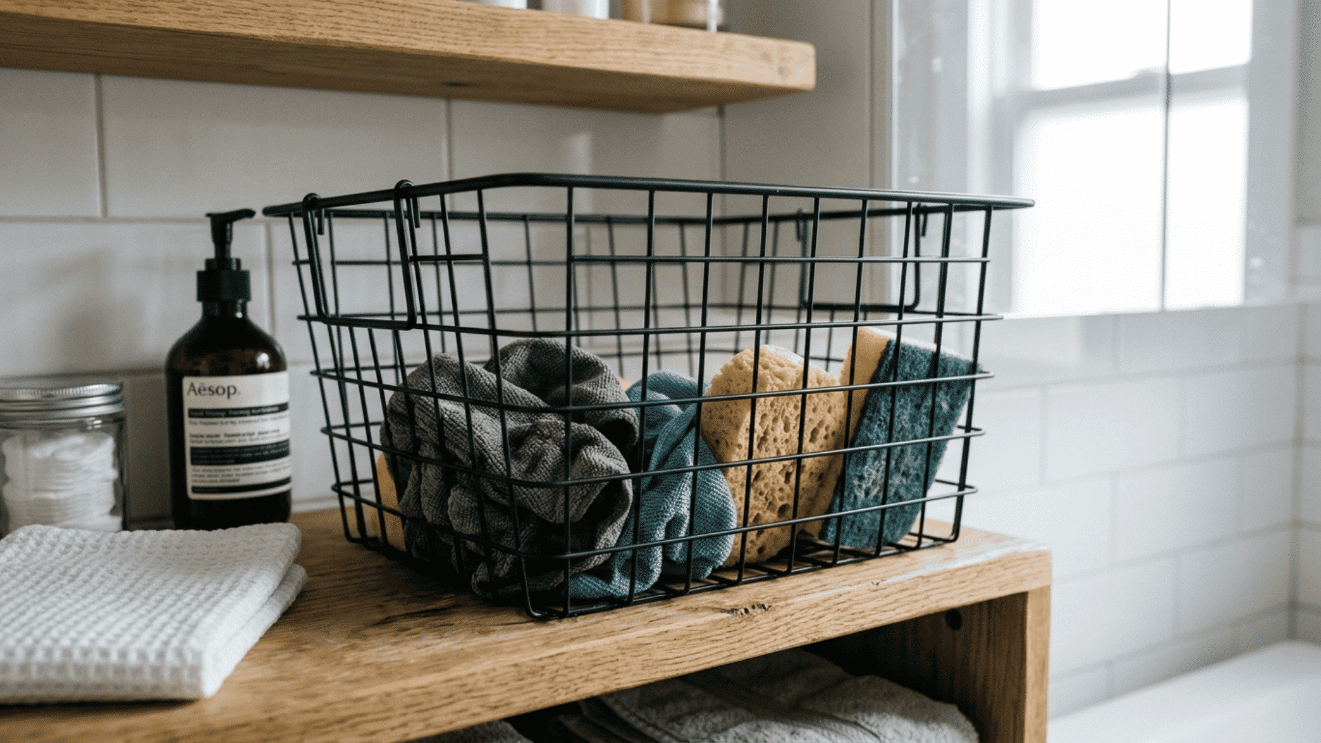 open wire basket on a bathroom cabinet shelf holding damp cloths and sponges with airflow space around the items