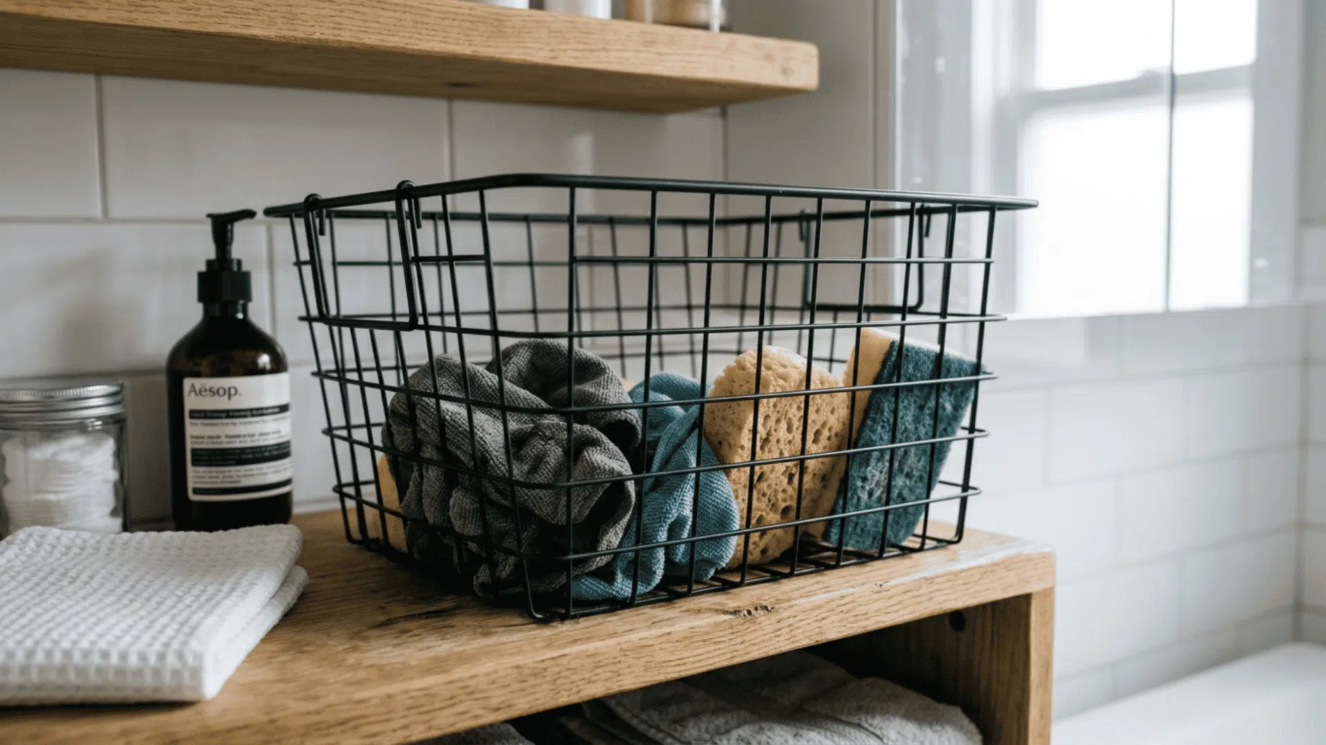 open wire basket on a bathroom cabinet shelf holding damp cloths and sponges with airflow space around the items