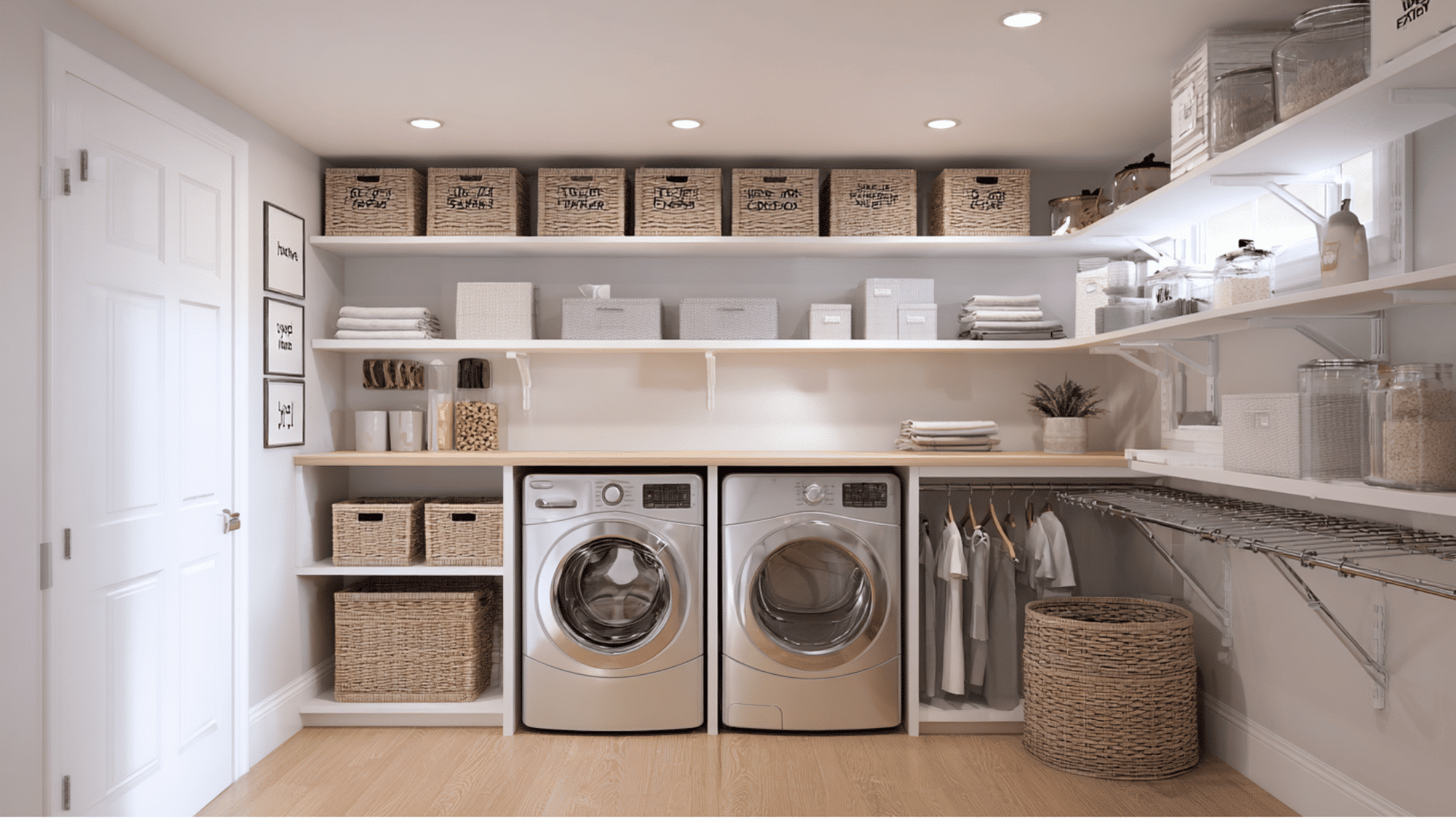 organized basement laundry and utility room with washer, dryer, folding counter, and storage shelves
