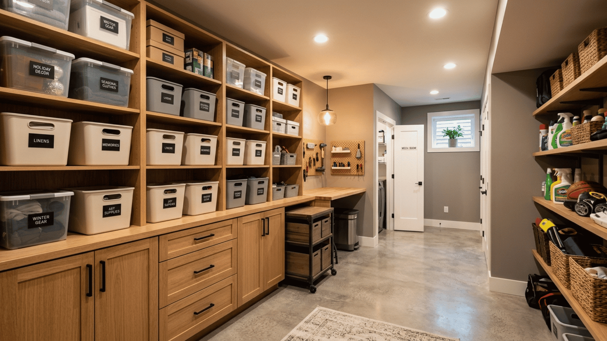 organized basement storage makeover with shelves, bins, cabinets, and clean modern interior setup