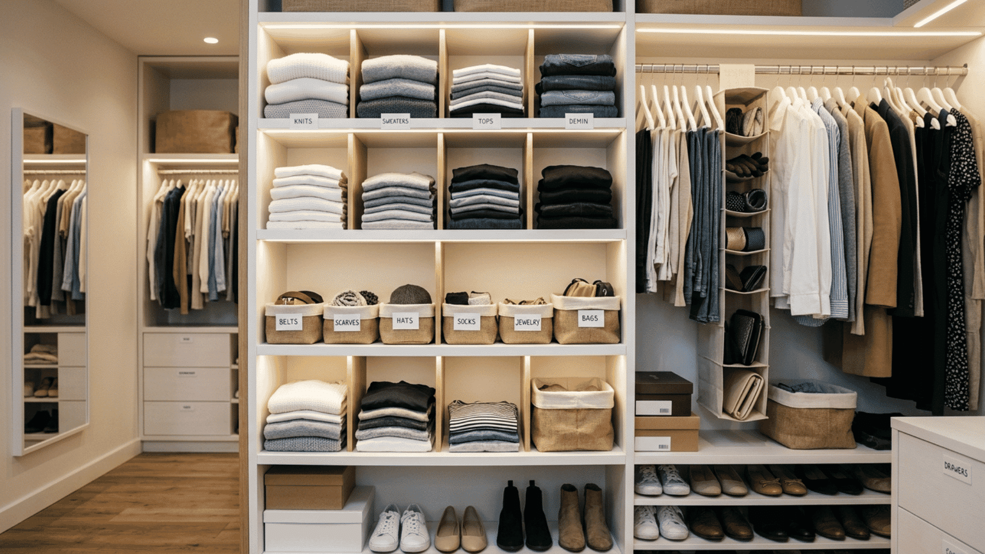 organized bedroom closet with folded clothes dividers labeled baskets and hanging organizers on the rod