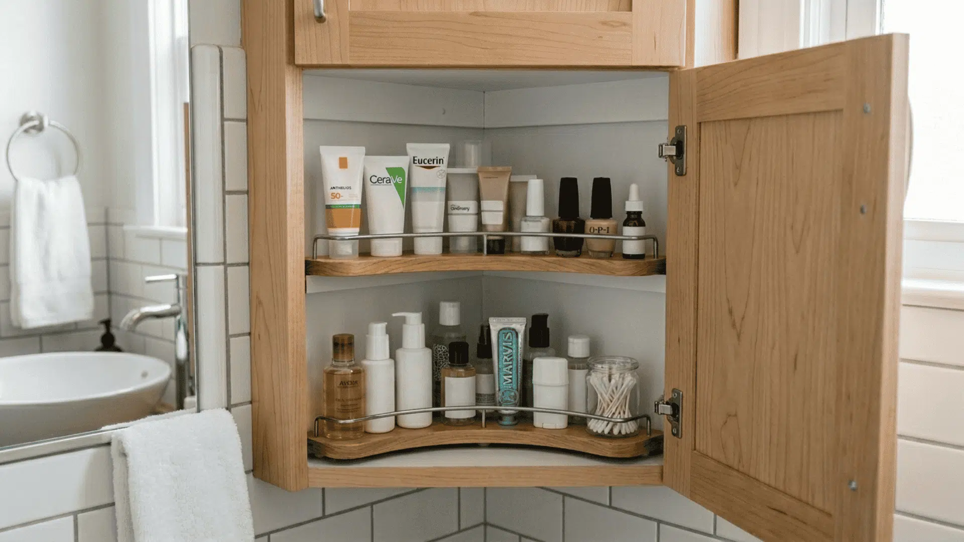 organized cleaning supplies and spray bottles under a bathroom sink inside a dark wooden cabinet with gold hardware.