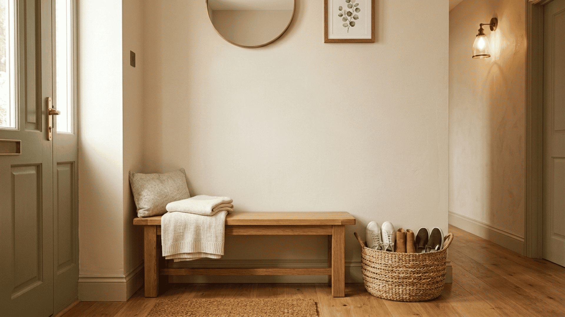 organized entryway with wooden bench matte black hooks above and woven basket holding shoes on the floor