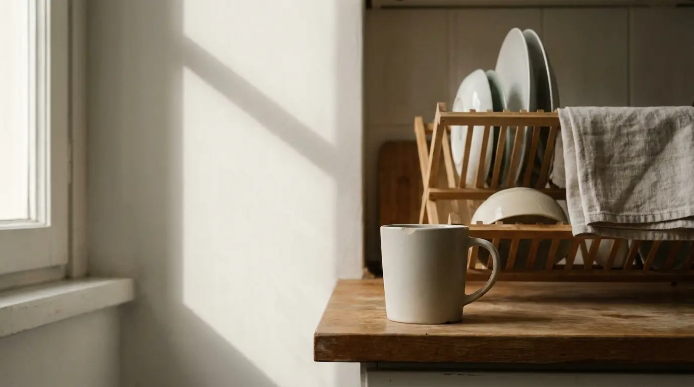 Ceramic mug on wooden countertop beside dish rack with plates in soft morning light
