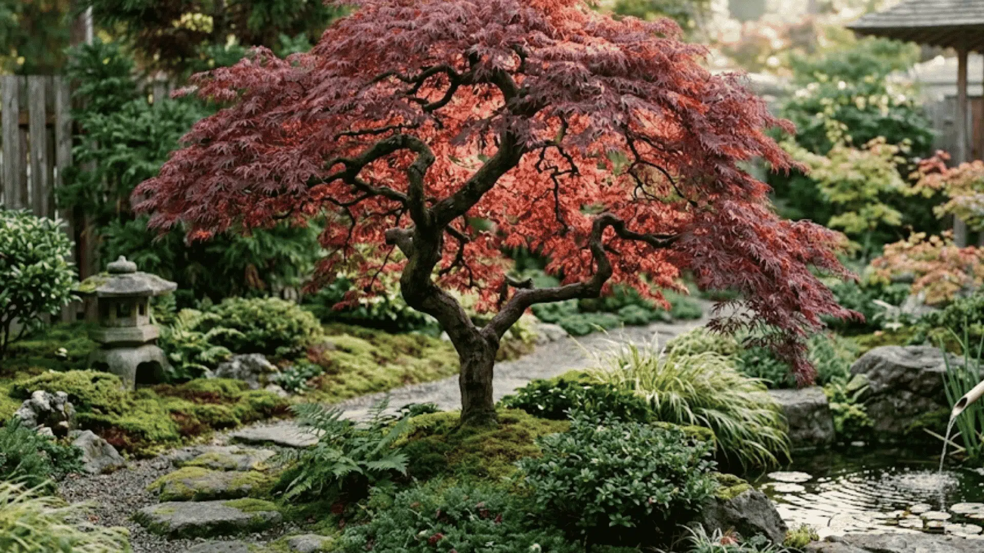 ornamental japanese maple tree with red cascading leaves beside a peaceful pond in a landscaped garden