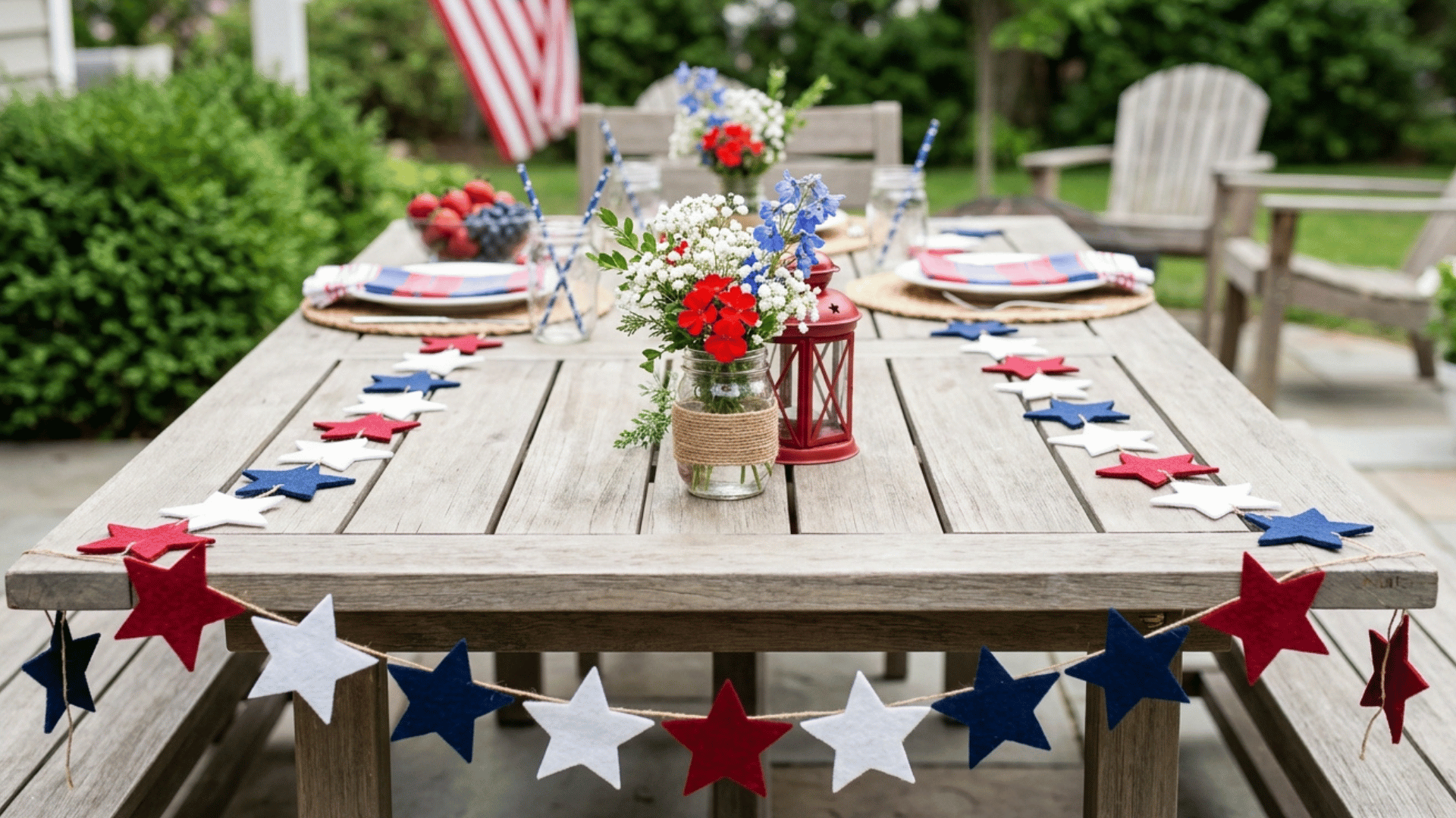 outdoor Memorial Day table with star garland runner and mason jar flower centerpiece.