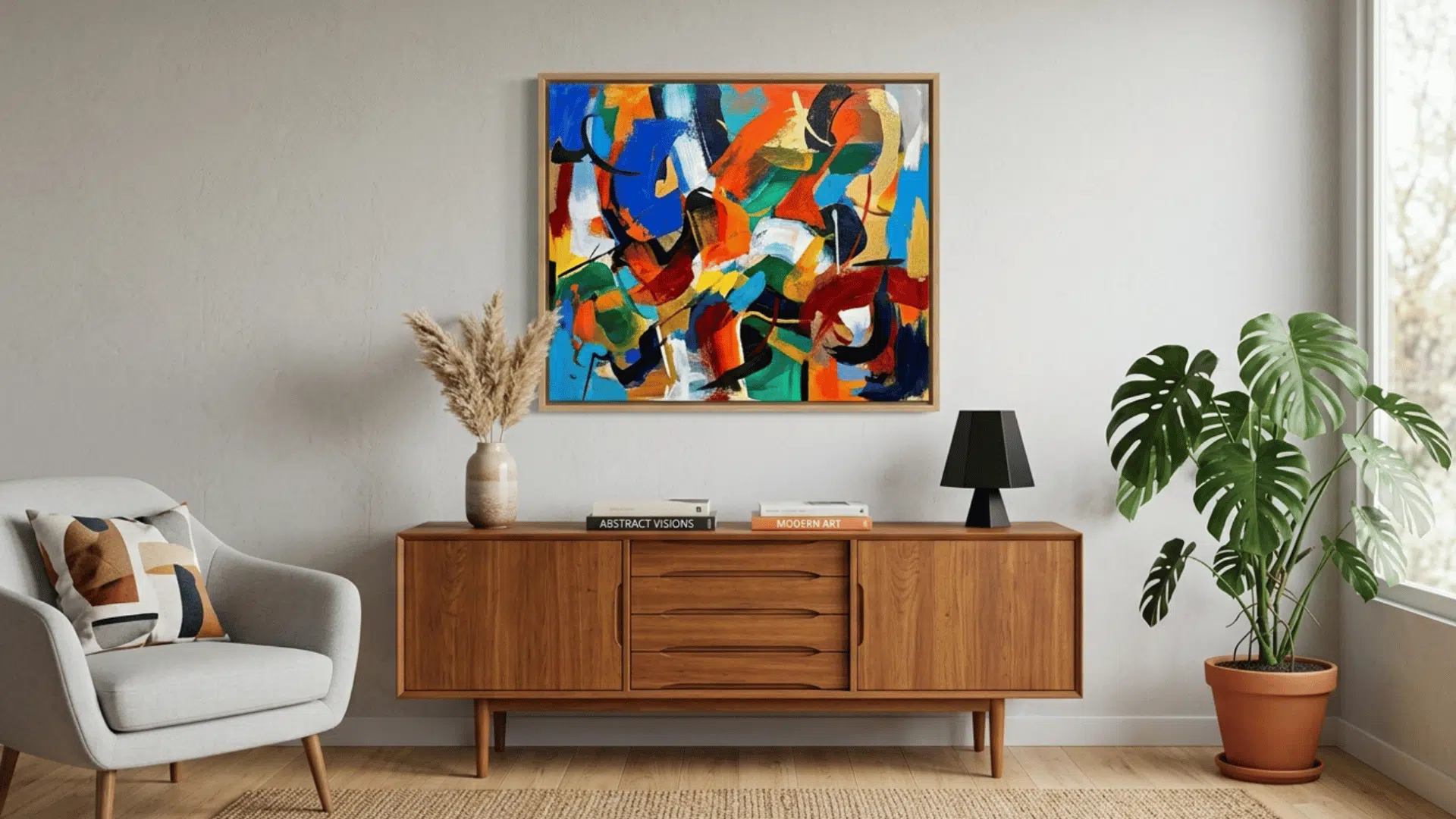 painted canvas art with abstract design placed on a wall in modern room setting